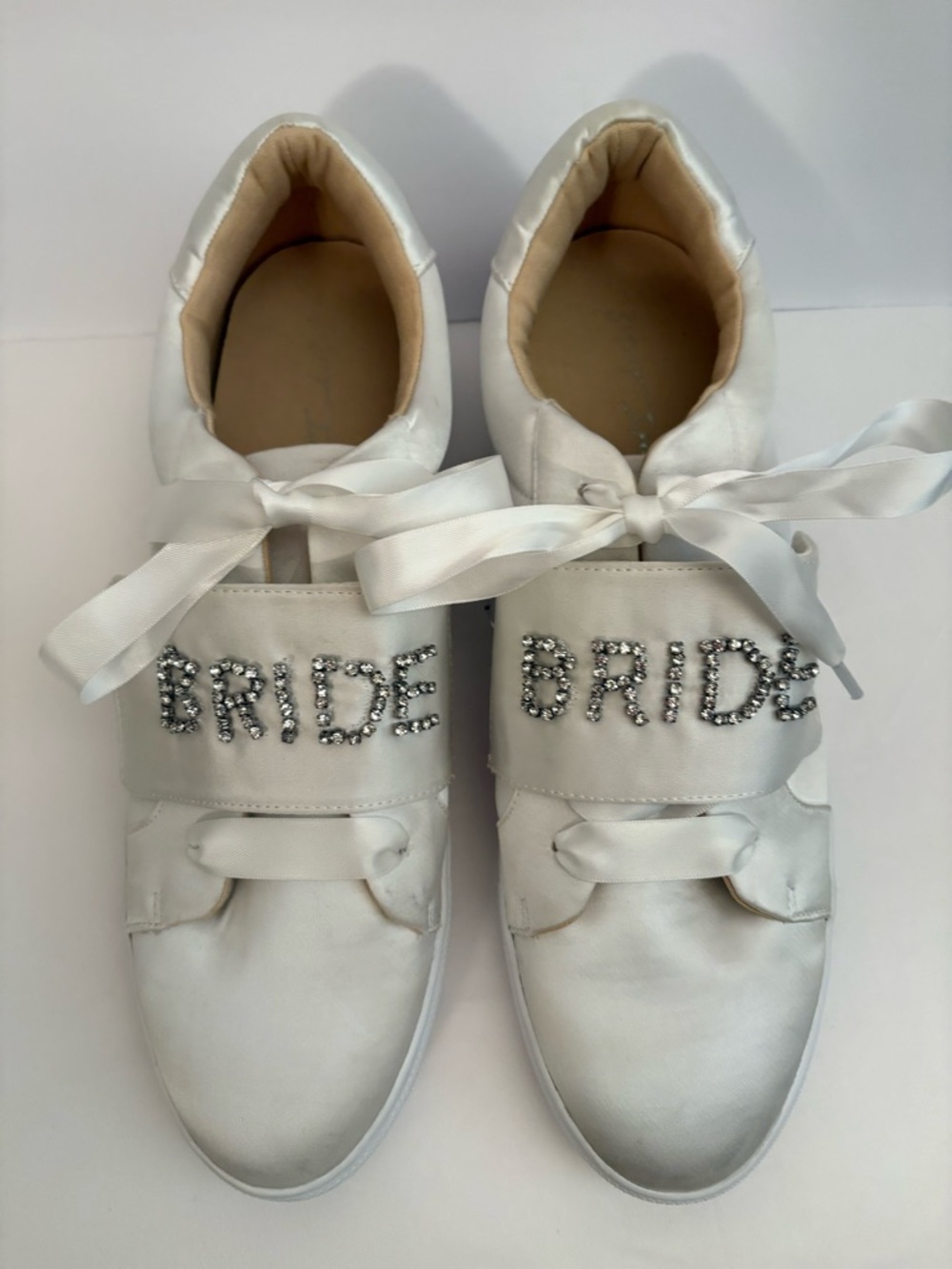 Betsey Johnson White Satin Bridal Sneakers with Crystal 'BRIDE' Accent